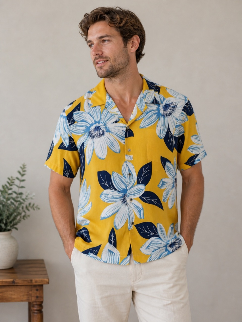 DENIM & FLOWER Yellow & Blue Floral Short Sleeve Shirt Size L